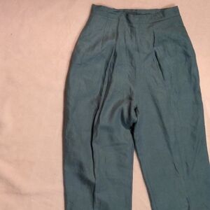 High-Waist Straight Linen Pants in Teal Green